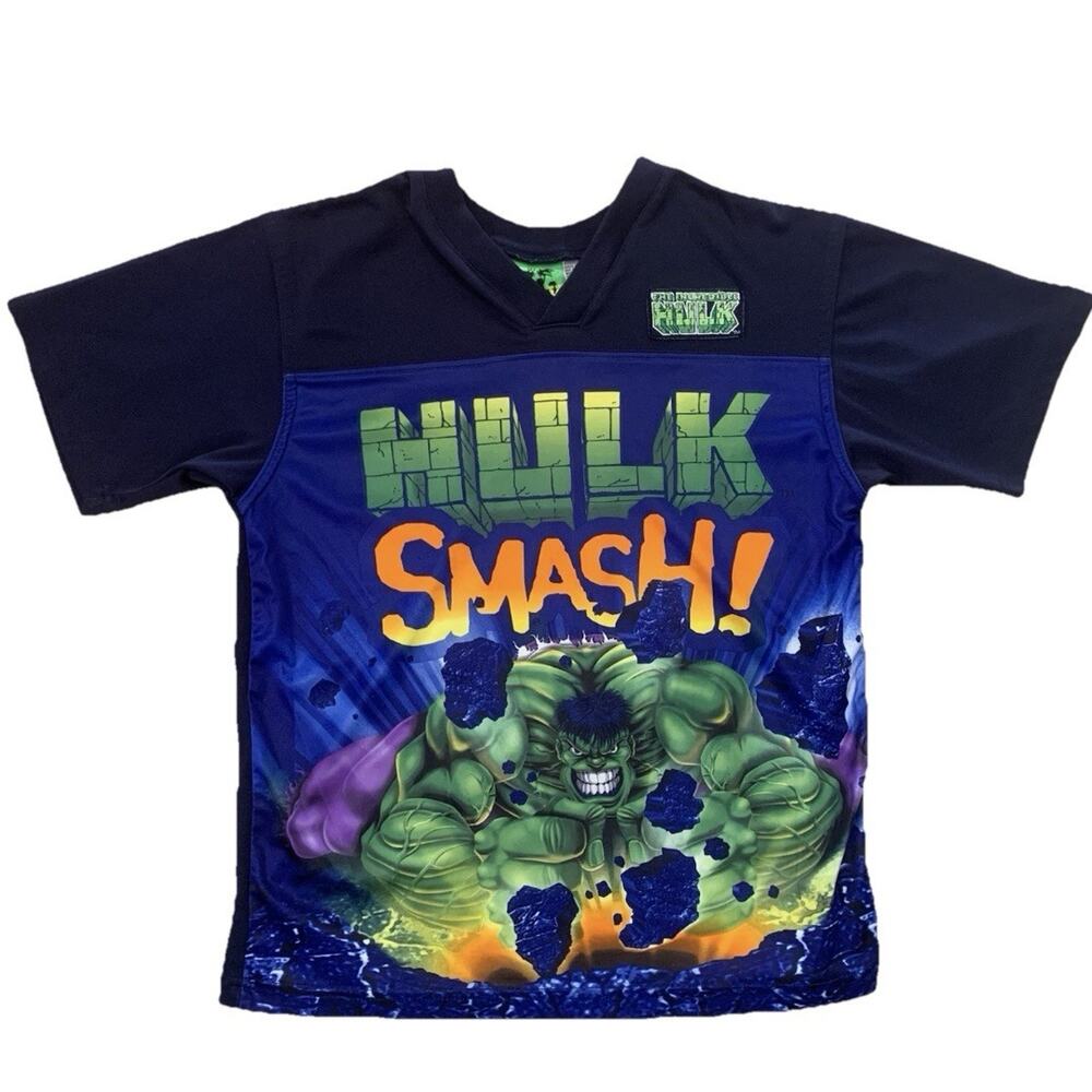 Vintage 2003 Marvel Incredible Hulk Smash Jersey Shirt Boys 12/14 Y2K